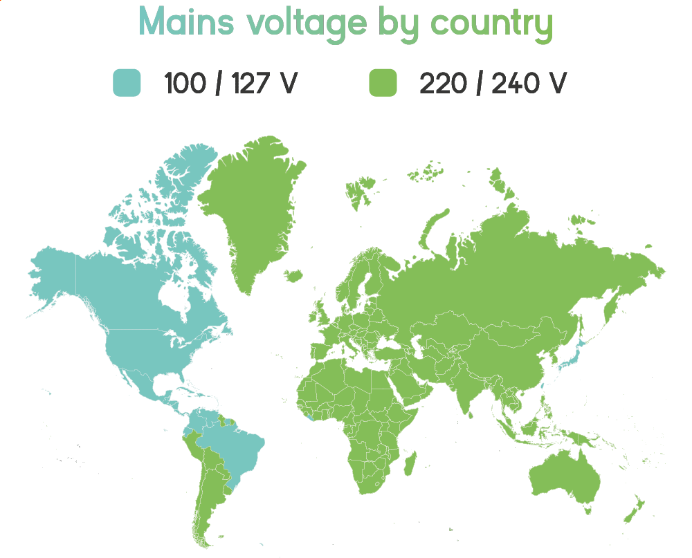 World map showing countries using 100 to 127 volt systems and those using 220 to 240 volt electrical standards